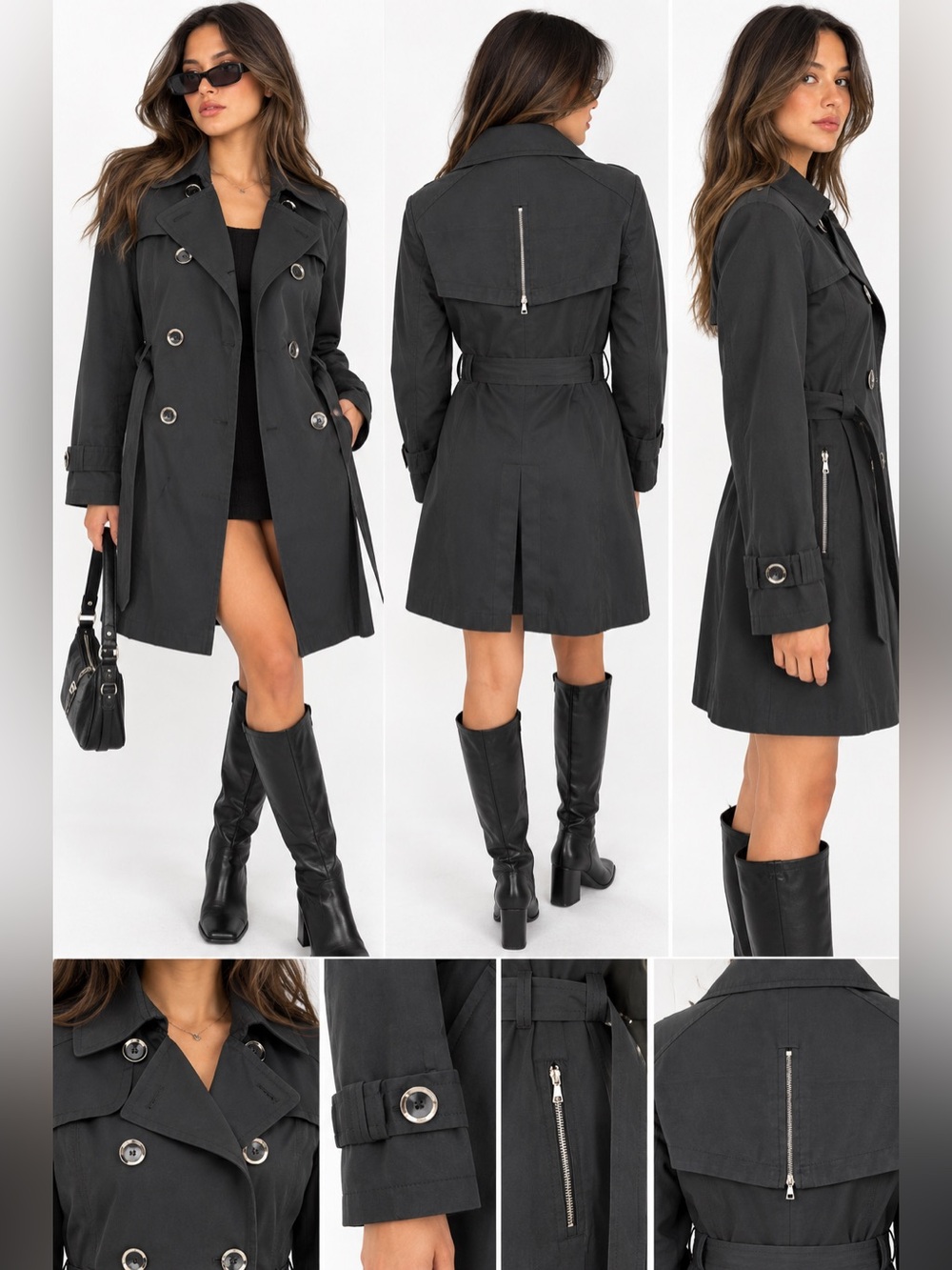 Grunge Rockstar Black Trench Coat with Belt - Women's Classic Trench